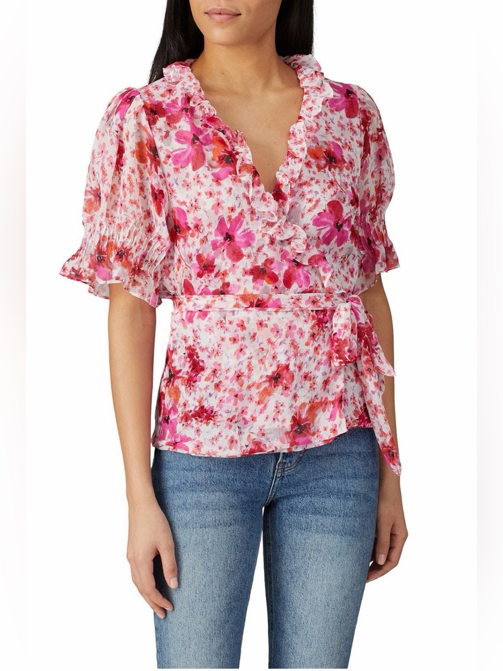 Misa Los Angeles~Sybil Pink Floral Ruffle Wrap Top~Size Small~$308~